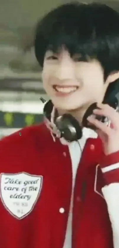 Smiling person in red jacket with headphones.