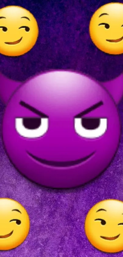 Purple wallpaper with devil and smirking emojis.