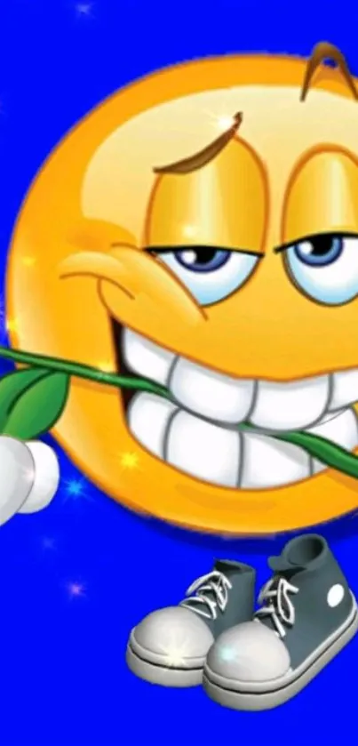 Smirking emoji holding a rose with sneakers on blue background.