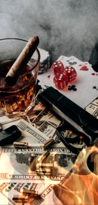 Wallpaper featuring smoke, cards, cash, cigar, and whiskey.