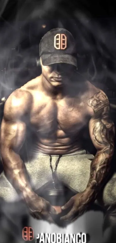 Muscular man with tattoos sitting in a smoky gym setting.