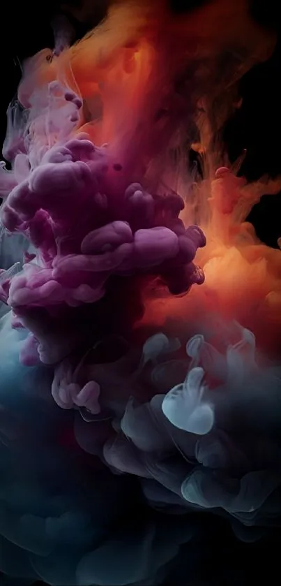 Colorful smoke cloud art wallpaper with purple, orange, and blue swirls.