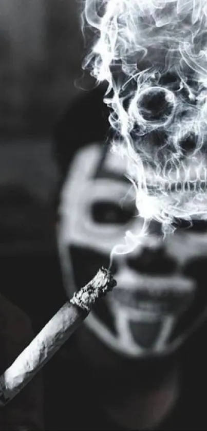 Smoke forming a skull from a cigarette, dark background.