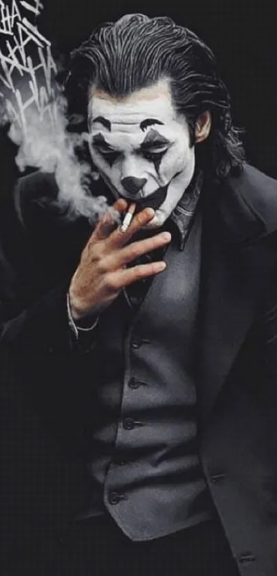 Joker character in dark suit smoking with white face paint.