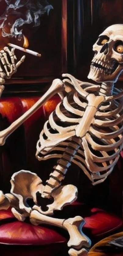 Skeleton smoking on a leather couch with a drink nearby.