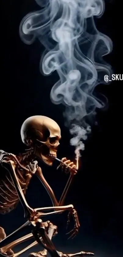 Artistic wallpaper of a skeleton smoking with swirling smoke in dark tones.