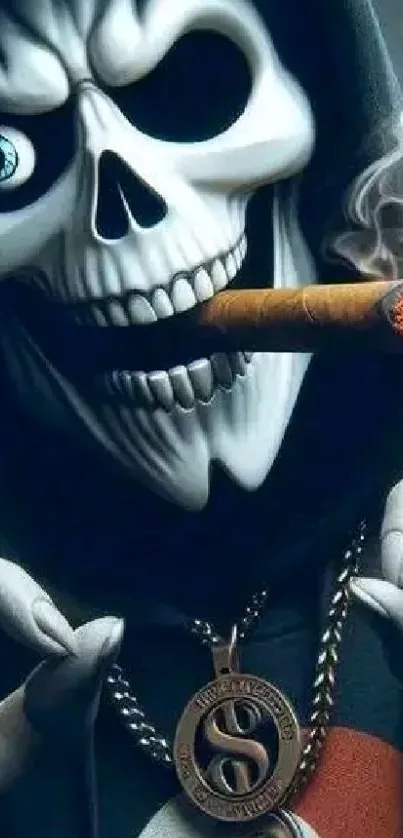 Skeleton in hoodie with cigar and medallion.