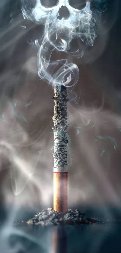 Cigarette with smoke forming a skull on dark background.