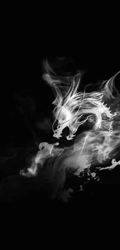 Mystical smoky dragon art in black and white phone wallpaper.