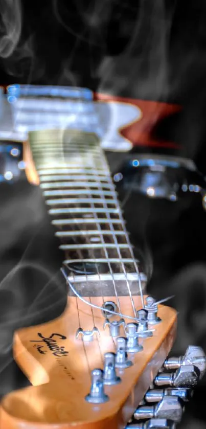 Close-up of guitar neck with smoke effect.