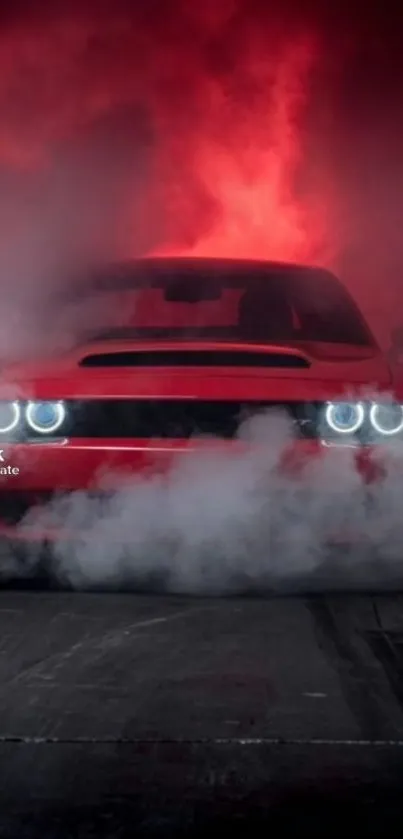 Red sports car emerging from smoke background.