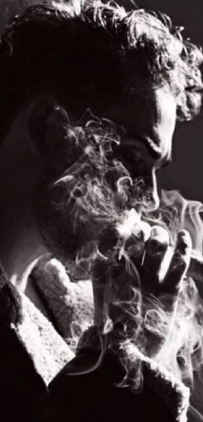 Silhouette of a man exhaling smoke.