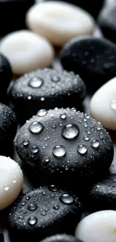 Smooth black and white stones with water droplets for a serene wallpaper.