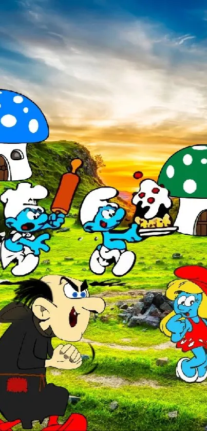 Smurfs in a vibrant green landscape under a colorful sky.