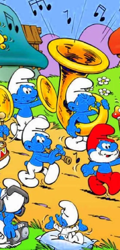 Smurfs parade with musical instruments and colorful village background.