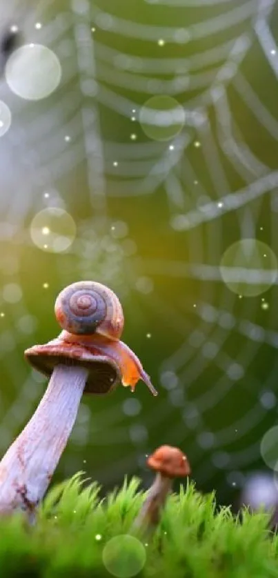 Snail perched on a mushroom with a dewy spiderweb background.