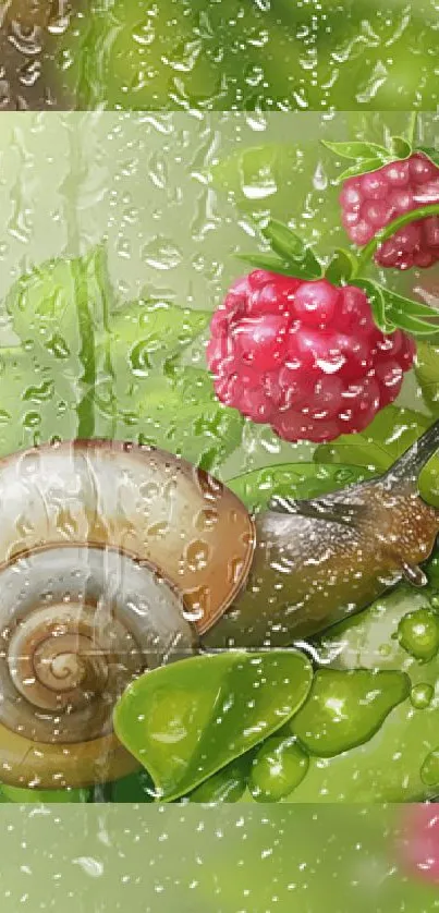 Snail with raspberries and green leaves wallpaper.