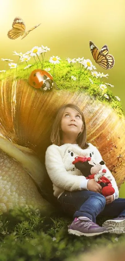 Child sitting by a giant snail with butterflies and ladybug in nature.