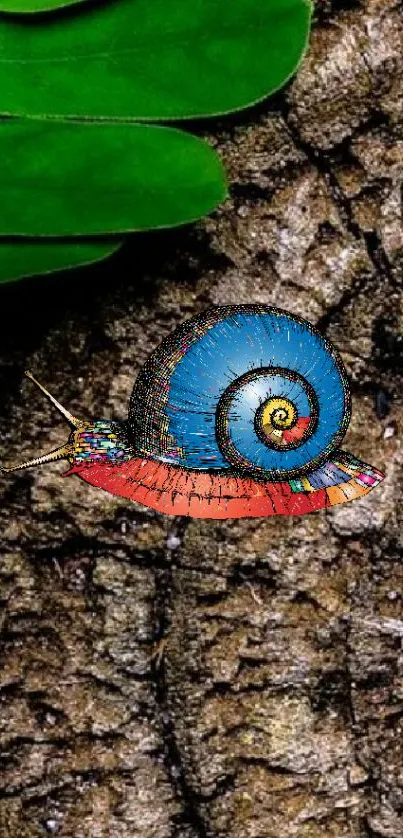 Brightly colored snail on tree bark with green leaves.