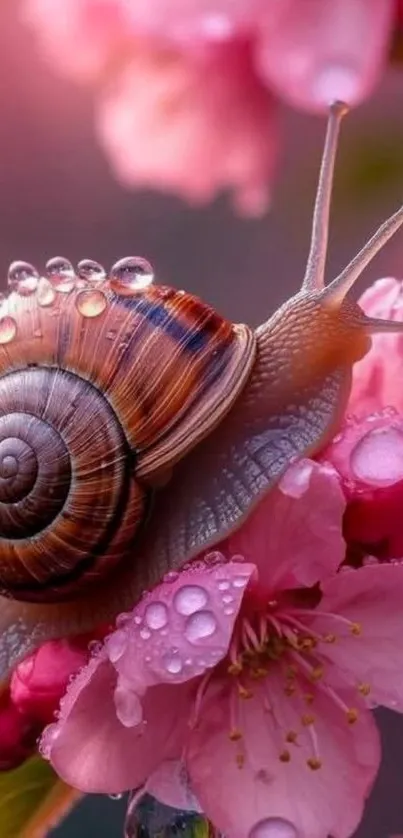 Snail on pink blossom with dewdrops close-up.