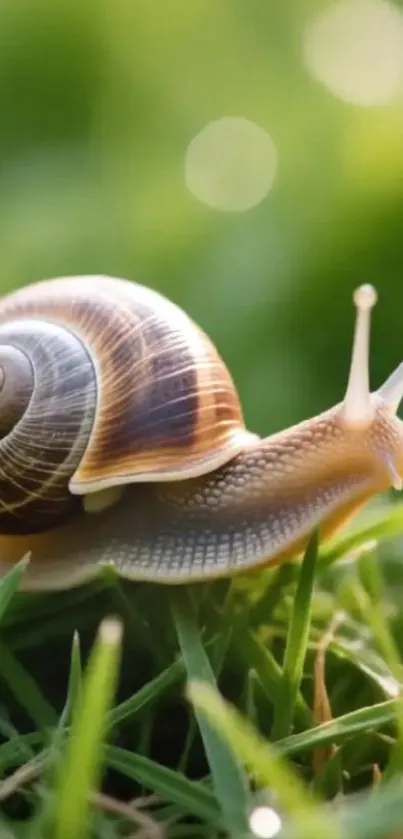Snail on lush green grass wallpaper.
