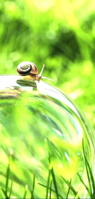 Snail perched atop a bubble in lush green grass.