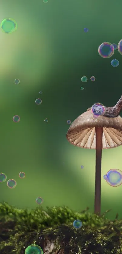 Whimsical snail on mushroom with bubbles and green background.