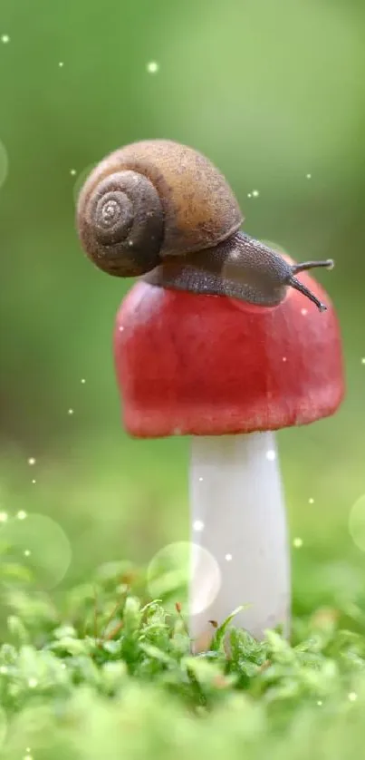 A snail resting on a red mushroom with green background.