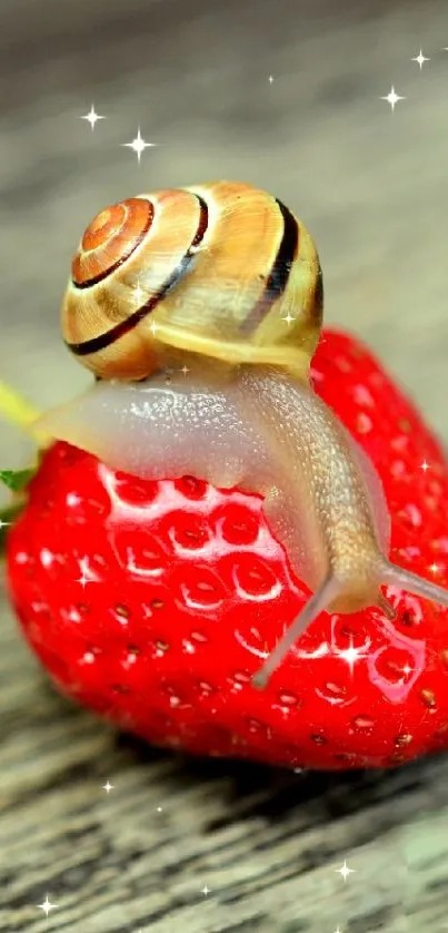 Snail climbing a bright red strawberry on a wooden surface.