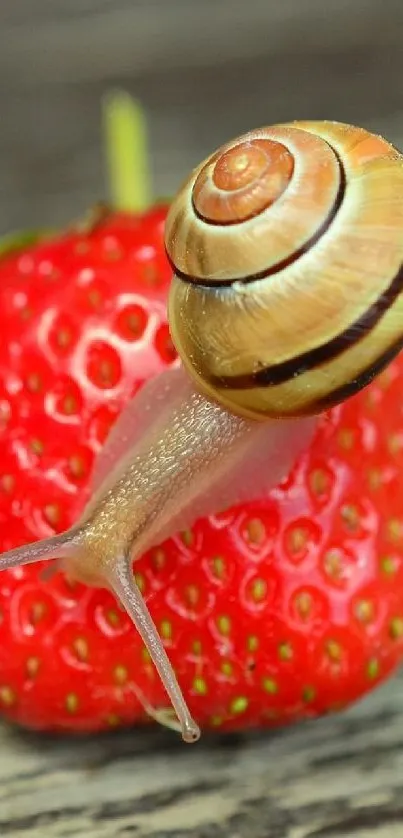 A snail on a bright red strawberry close-up.