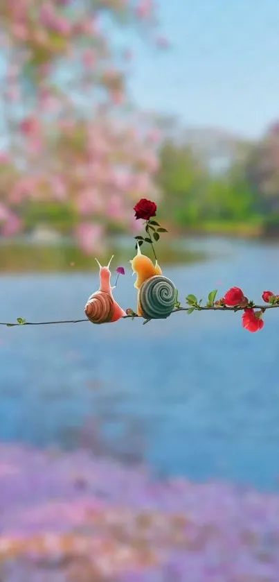 Two snails on a branch with a rose by a lake.