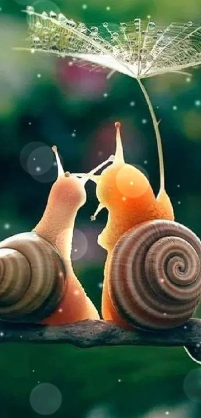 Two snails sharing a leaf umbrella on a branch against a green background.