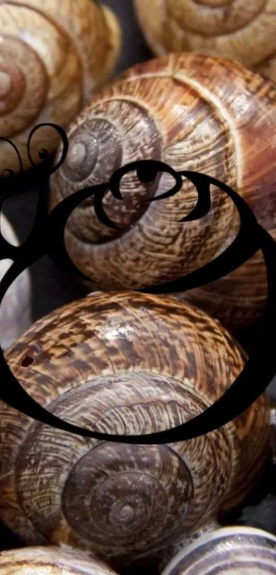 Artistic snail shells in rich earthy tones on mobile wallpaper.