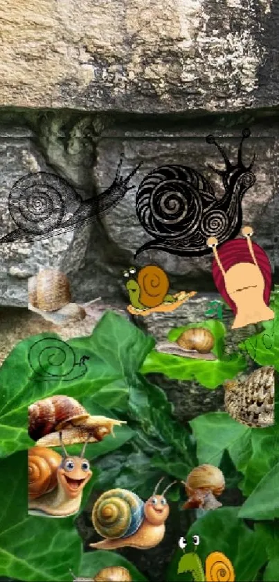 Whimsical snails on a rustic stone wall with lush green leaves background.