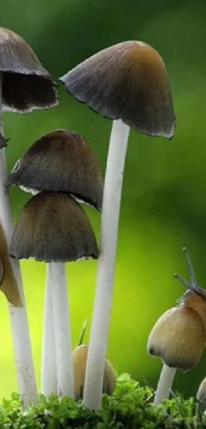 Snails climbing mushrooms on green backdrop.