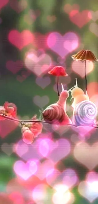 Two whimsical snails on a blossoming branch with a lush green background.