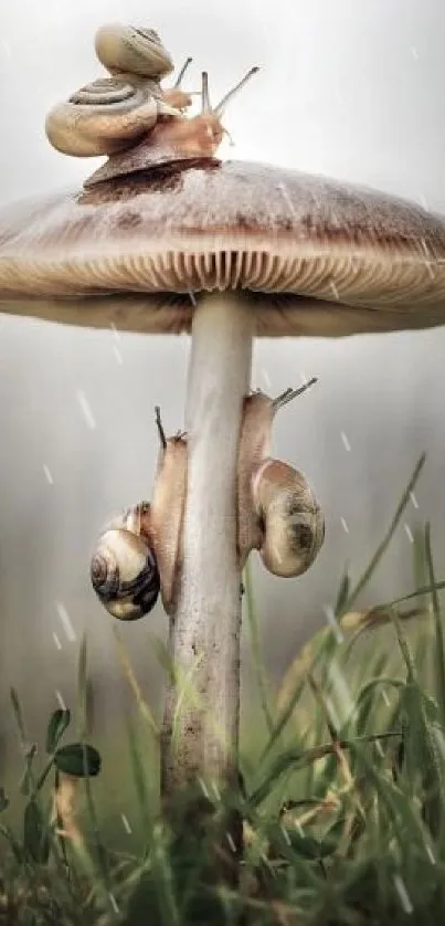 Snails crawling on a large mushroom in misty nature setting.