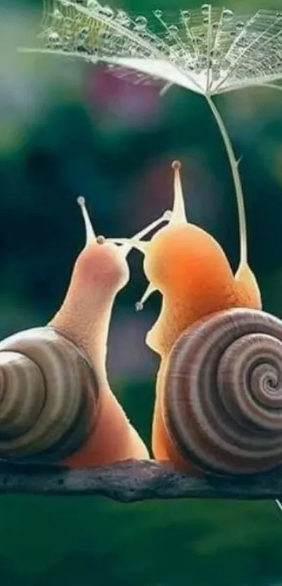 Two snails under a leafy umbrella on a branch.