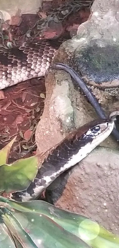 Snake slithering in natural green foliage background on mobile wallpaper.