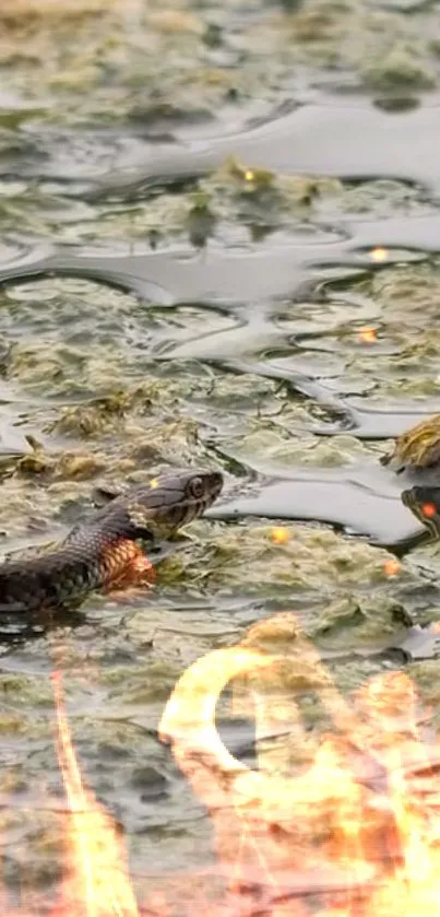 Snake in water with flames background.