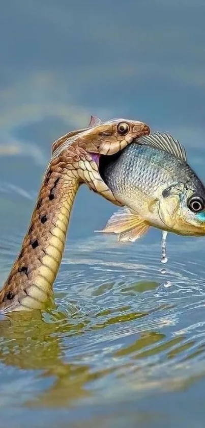 Snake captures fish in water with rippling effect background.