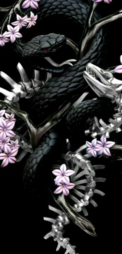 Snake entwined with pink flowers on a black background wallpaper.