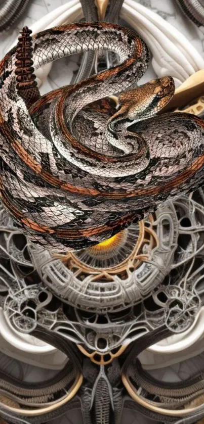 Snake entwined in intricate gear design.