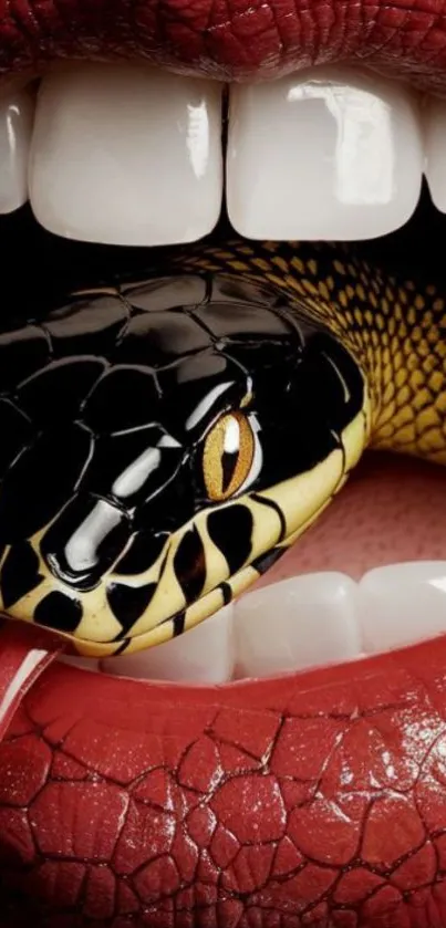 Snake slithering out of glossy red lips, striking art image.