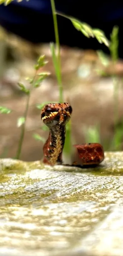 Brown snake amidst green grass and rocks in natural setting.