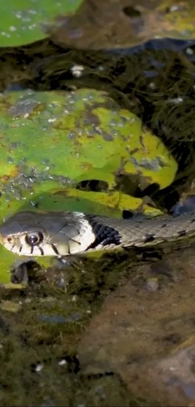 A snake's head peeks through water and vegetation in a vibrant natural setting.