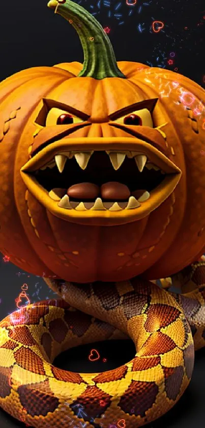 Halloween wallpaper with snake and pumpkin design.