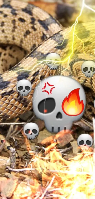 Coiled snake with skull emojis and lightning on rocky ground background.