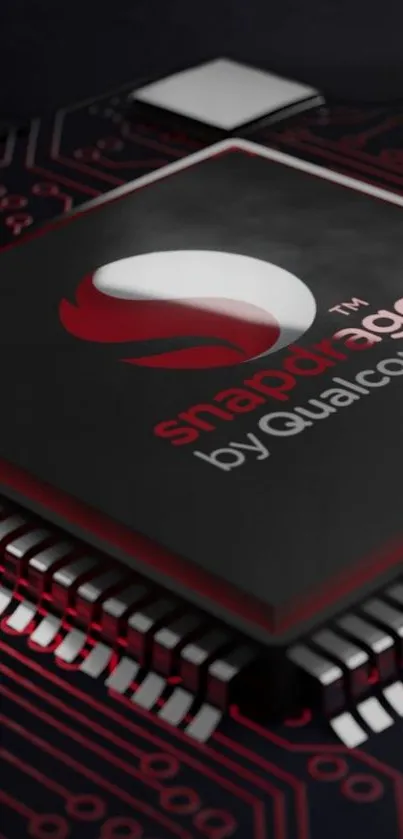 Close-up view of a Snapdragon processor by Qualcomm with circuit design.