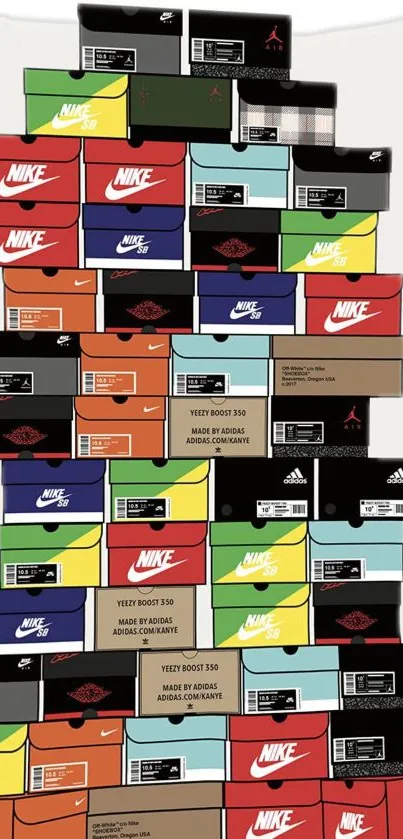 Colorful stack of sneaker boxes forming a vibrant wallpaper design.